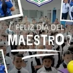 Diseño con estudiantes uniformados y mensajes de agradecimiento celebrando el Día del Maestro.