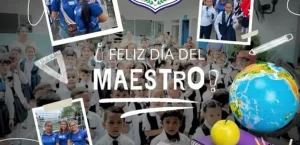 Diseño con estudiantes uniformados y mensajes de agradecimiento celebrando el Día del Maestro.