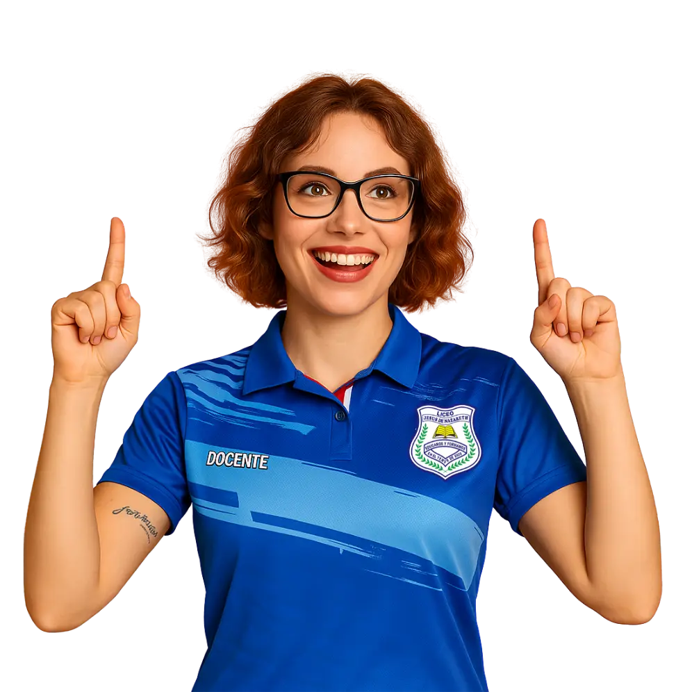 Profesora del Liceo Jesús de Nazareth sonriendo y señalando hacia arriba con ambas manos, vistiendo polo azul institucional con logo del colegio