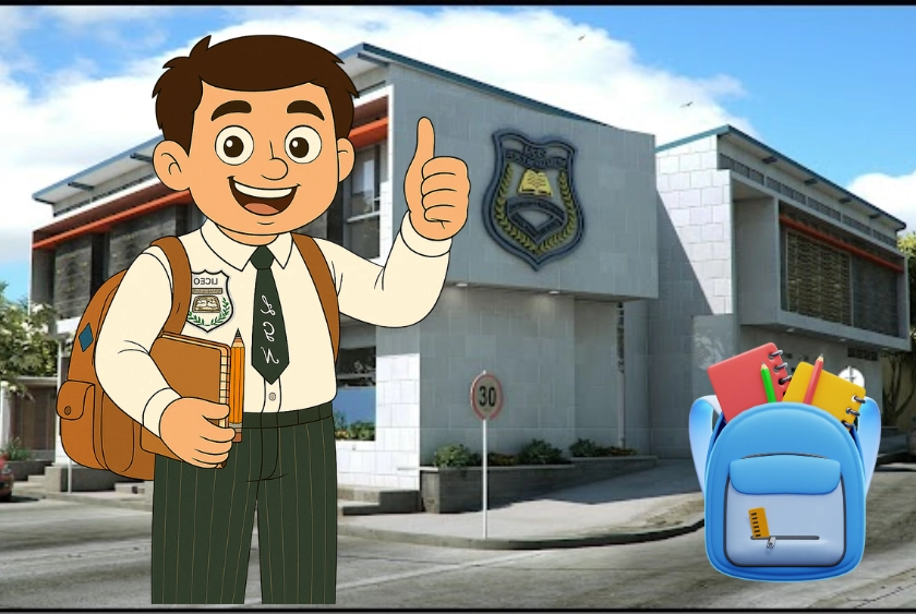 Ilustración de un estudiante animado del Liceo Jesús de Nazareth, con uniforme, mochila y libros, posando alegremente con el pulgar arriba frente a la fachada del colegio