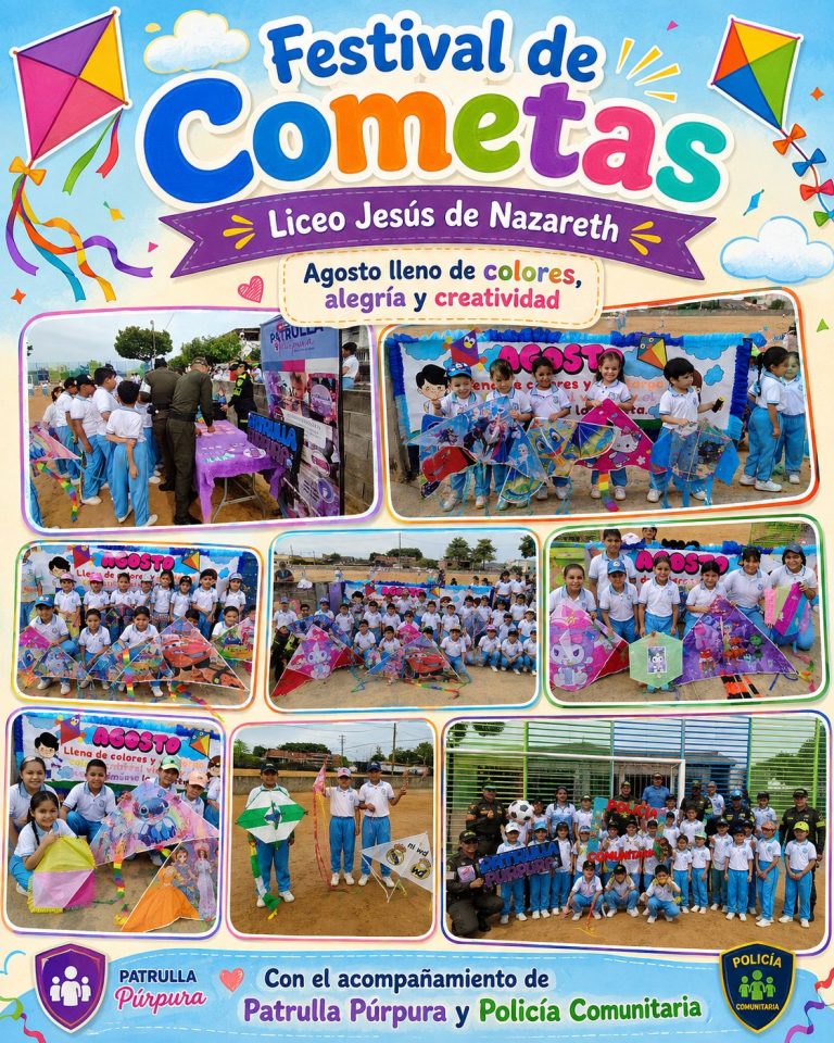 En el Liceo Jesús de Nazareth vivimos una jornada muy especial con nuestro Festival de Cometas, una actividad que llenó de color, alegría y creatividad cada momento compartido por nuestros estudiantes. Este espacio permitió disfrutar de una experiencia diferente, en la que el juego, la imaginación y la convivencia fueron protagonistas. Durante la actividad, nuestros niños y jóvenes tuvieron la oportunidad de elevar sus cometas, compartir con sus compañeros y disfrutar de un ambiente pensado para fortalecer la integración y el compañerismo. Cada cometa representó también una muestra de creatividad, entusiasmo y participación por parte de nuestros estudiantes. El festival se convirtió en una oportunidad para complementar la formación académica con experiencias que promueven habilidades sociales, trabajo en equipo, respeto y sana convivencia. En el Liceo Jesús de Nazareth creemos que estos espacios contribuyen de manera significativa al desarrollo integral de nuestros estudiantes y permiten construir recuerdos que hacen parte de su vida escolar. La jornada contó además con el valioso acompañamiento de la Patrulla Púrpura y la Policía Comunitaria, quienes compartieron con nuestros estudiantes y participaron activamente en esta experiencia. Su presencia permitió fortalecer el mensaje de cercanía, protección, convivencia y trabajo conjunto entre las instituciones y nuestra comunidad educativa. Agradecemos especialmente su disposición y acompañamiento durante esta actividad, así como el entusiasmo de nuestros estudiantes y el apoyo de quienes hicieron posible esta jornada. La participación de cada uno permitió que el Festival de Cometas se desarrollara en un ambiente de alegría, integración y aprendizaje. Festival de las cometas LJDN